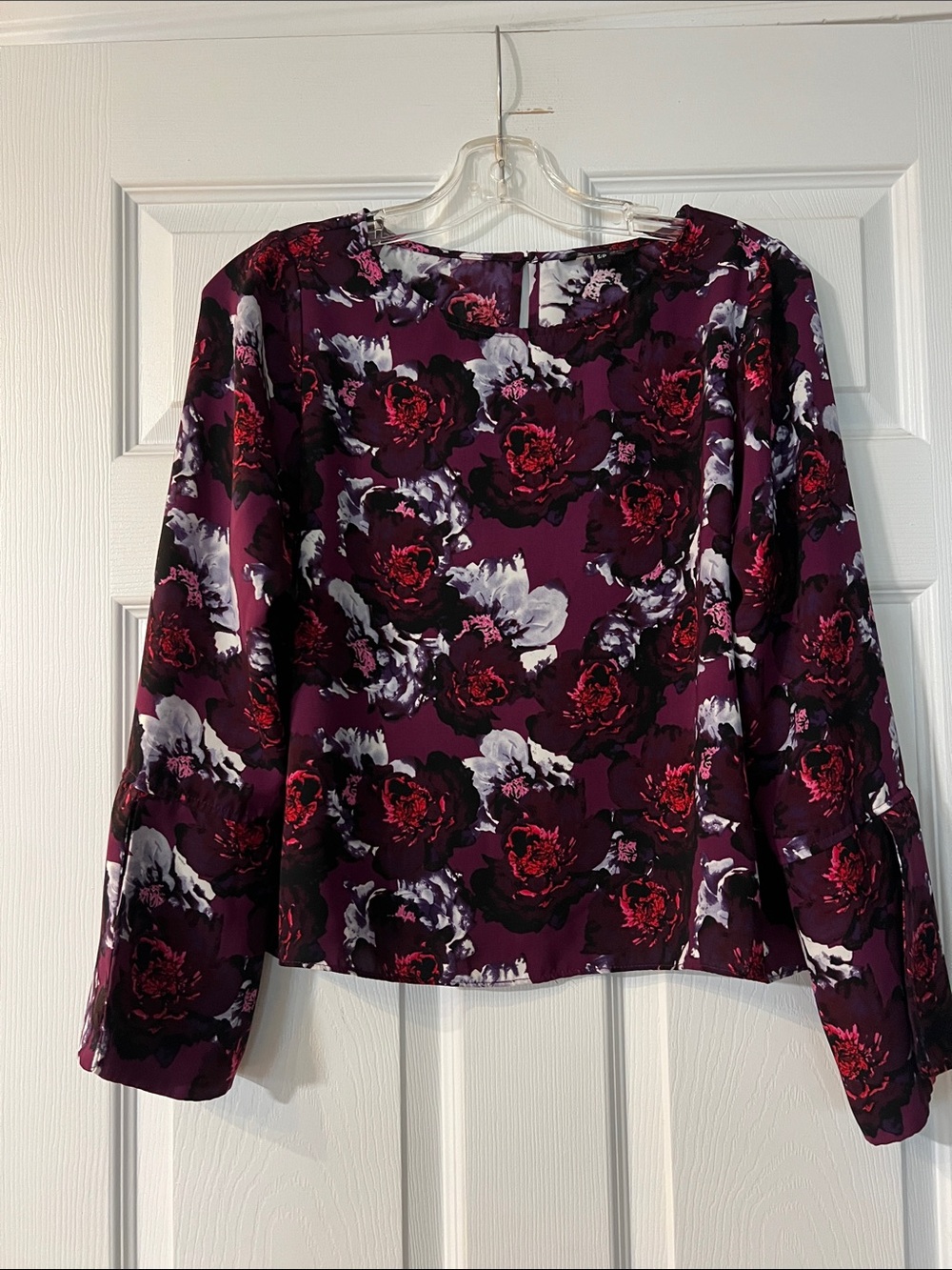 Plum Floral Long-Sleeve Top with Red and White Accents
